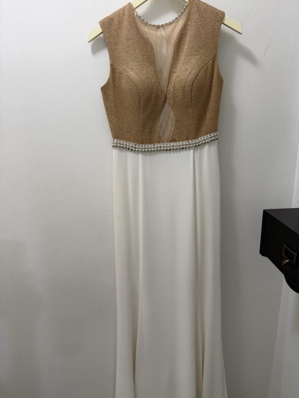 Saboroma Gold Bodice Ivory Skirt Evening Gown with Beaded Waist